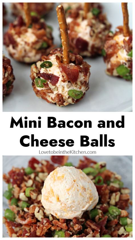 Mini Bacon and Cheese Balls - Love to be in the Kitchen Mini Cheeseball Appetizers, Thanksgiving Recipes With Bacon, Small Bites Appetizers Easy, Mini Cheeseball Bites, Bacon Cream Cheese Balls Recipe, Bacon Cheeseball Bites, Mini Cheeseballs Appetizers, Bacon Cheese Ring, Bacon Cheese Ball Bites