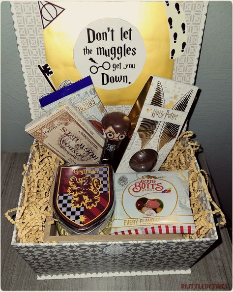 Harry Potter Gift Ideas Diy, Harry Potter Gift Basket, Harry Potter Presents, Harry Potter Gift Box, Harry Potter Themed Gifts, Harry Potter Christmas Gifts, Harry Potter Gifts Diy, Work Secret Santa, Harry Potter Theme Birthday