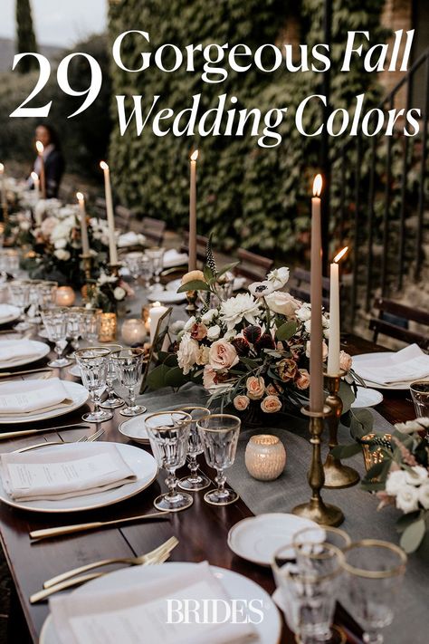 Elegant Wedding Schemes, Fall City Wedding Colors, All White Fall Wedding, White Fall Wedding Decor, Woodsy Wedding Color Schemes, Fall Wedding Vision Board, Classy Fall Wedding Colors, Fall Wedding Tablescapes Round Tables, Green Fall Wedding Decor