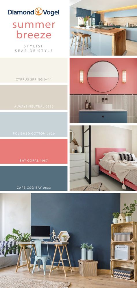 A scheme of creamy neutrals, calming blues, and a comforting pink create a harmonious palette to see you through the summer and beyond. With a little inspiration and a few easy tips and tricks, you too can bring the summer breeze into your home! Paint colors by Diamond Vogel: Cape Cod Bay 0633, Bay Coral 1087, Polished Cotton 0629, Always Neutral 0559, and Cypus Spring 0411. Cape Cod House Interior Ideas, Cape Cod House Interior, Home Paint Colors, Cape Cod Bay, Seaside Style, Cape Cod House, Paint Color Palettes, Summer Painting, Mountain Home