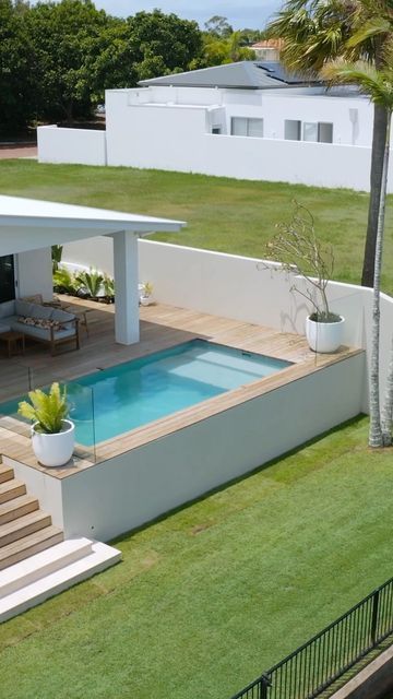 Raised Deck With Pool, Deck And Pool Ideas, Pool Off Patio, Pool In Deck, Pool With Deck, Terrace Designs, Hillside Pool, Raised Pools, Barbacoa Jardin