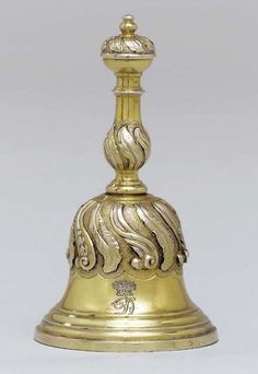 PAUL DE LAMERIE SILVER GILT | Antique Georgian sterling silver table bell having a round ... Antique Bell, Ring My Bell, Hand Bells, Dinner Bell, Silver Table, Initial D, Large Image, Ding Dong, Gongs