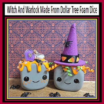 Witch And Warlock Made From Dollar Tree Foam Dice Dollar Store Dice Crafts, Dollar Tree Wood Dice Diy, Foam Dice Dollar Tree Crafts, Dollar Tree Dice Crafts Diy, Foam Dice Crafts, Witch And Warlock, Marshmallow Decor, Salt Ornaments, Dice Crafts