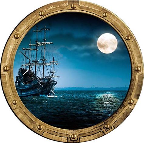 18" Port Scape Instant Sea Window View Ship in Moonlight #1 Rustic Porthole Wall Decal Sticker Graphic Pirate Boat Oc... Navy Bedroom, Baby Wall Stickers, Sea Pirates, Pirate Boats, Bedroom Theme, Porthole Window, Nursery Decor Wall, Sticker Graphic, Playroom Nursery