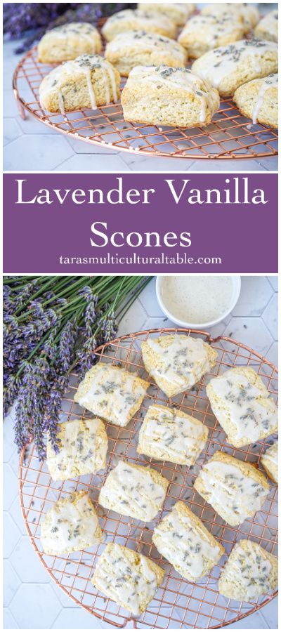 Lavender Vanilla Scones on a copper round rack next to fresh lavender. Lavender Vanilla Scones, Lavender Banana Bread, Gluten Free Lavender Scones, Recipes Using Dried Lavender, Healthy Lavender Recipes, Lavender Earl Grey Scones, Lavender Vanilla Cookies, Lavender Extract Recipes Baking, Recipes With Dried Lavender