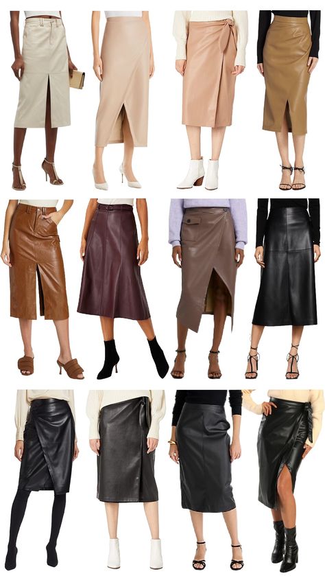 Leather Midi Skirts + How to Style Them How To Style Midi Leather Skirt, Midi Leather Skirt Outfit Winter, Black Leather Midi Skirt Outfit, Midi Leather Skirt Outfit, How To Style Leather Skirt, Aline Skirt Outfit, Leather Midi Skirt Outfit, Leather Skirt Outfit Winter, Leather Skirt Midi