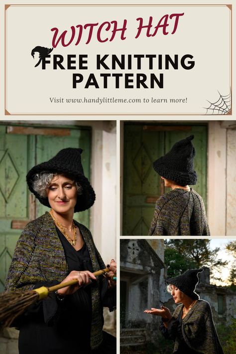 Witch hat knitting pattern. Make a modern witch hat for Halloween with this one skein knitting pattern. Three sizes - adult, teen, and child. #witchhat #Halloween #modernwitchhat #witch #knittedwitchhat Halloween Knits, Modern Witch Hat, Witch Hat Pattern, Halloween Knitting Patterns, Hat Free Knitting Pattern, Spooky Crafts, Halloween Knitting, Knitting Abbreviations, Halloween Decor Diy