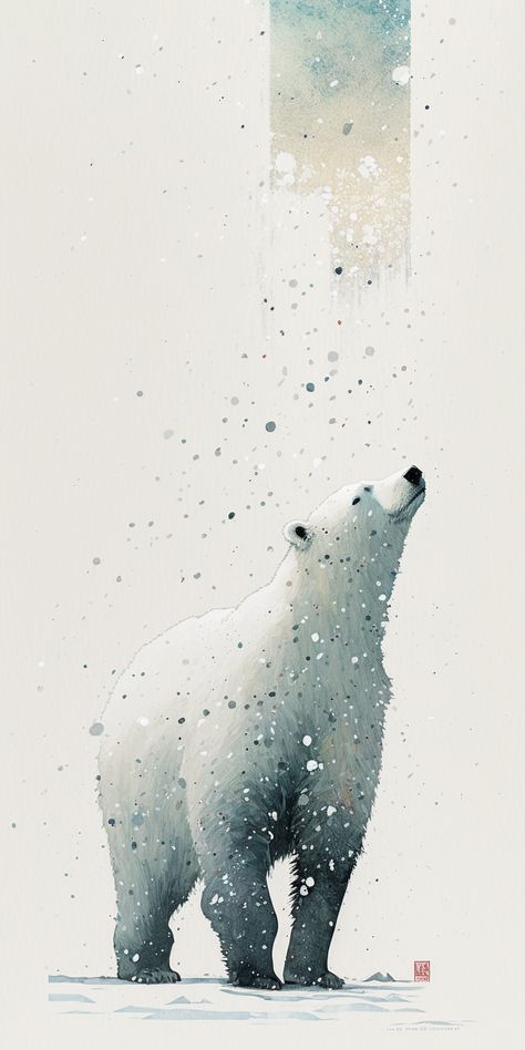 An illustration of a Polar Bear stood enjoying the snow. Watercolour Polar Bear, Christmas Polar Bear Illustration, Watercolor Polar Bear, Polar Bears Drawing, Christmas Bear Illustration, Polar Bear Sketch, Polar Bear Watercolor, Polar Bear Painting, Winter Sketch