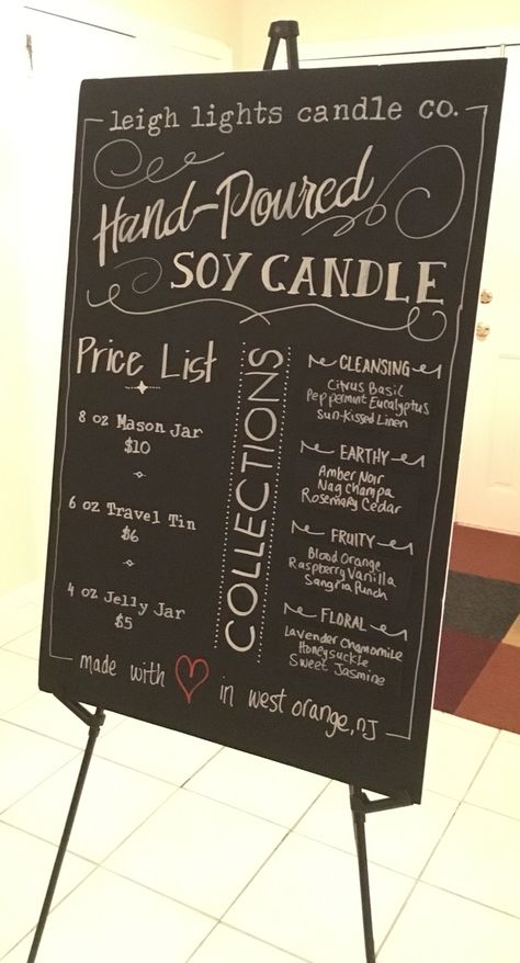 Craft show candle booth foam board chalkboard signage Candle Booth Display, Candle Booth, Craft Fair Booth Display, Craft Show Booths, Craft Show Booth, Vendor Displays, Craft Fairs Booth, Candle Bar, Candle Making Business