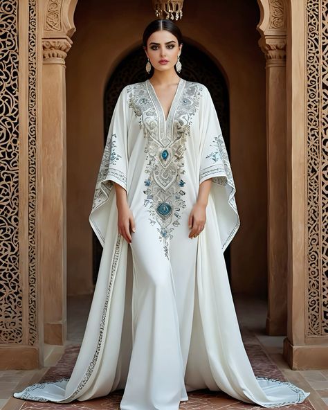 #fashion, #style, #outfitinspiration, #beauty Kaftan Dresses Modern, Kaftan Dress Modern, Greek Dress, Bubu Gown Styles, Arabian Dress, Kaftan Designs, Silver Embroidery, Moroccan Fashion, Kaftan Style