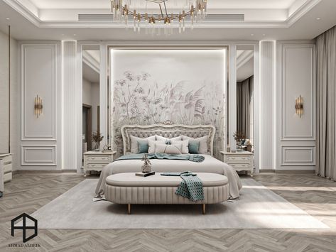 Luxurious Neoclassic Master Bedroom and home office on Behance Classical Master Bedrooms Decor, Master Bedrooms Decor Neoclassic, Master Bedrooms Classic, Modern Classic Bedroom Luxury, Bedroom Ideas Classic Style, Classical Bedroom Interior, Neoclassical Interior Design Luxury, Classic Bedroom Design Luxury, Luxury Master Bedrooms Decor