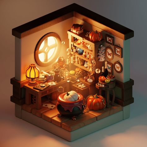 Cozy Witch, Isometric Room, Gothic Room, Witch Room, 3d Scene, Isometric Art, Cafe House, Cute Food Art, Halloween Drawings