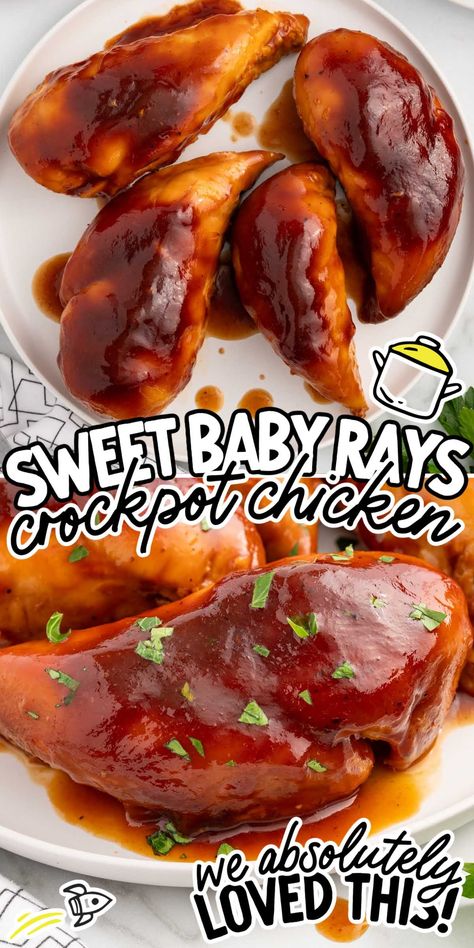 Whip up Sweet Baby Ray's BBQ Chicken for a simple, flavorful meal. Perfect for busy weeknights or casual gatherings, it's delicious chicken with minimal effort. Bbq Chicken Crockpot Easy, Slow Cooker Bbq Chicken Breast, Crockpot Bbq Chicken Breast, Sweet Baby Rays Bbq Chicken, Sweet Baby Rays Crockpot Chicken, Small Crockpot Recipes, Sweet Baby Rays, Baby Ray, Sweet Baby Ray