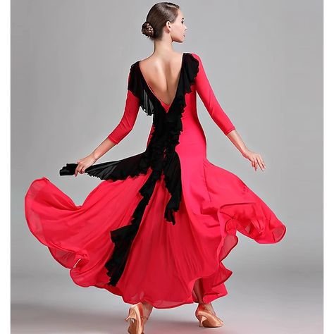 Ballroom Dance Dress Pure Color Women's Performance Party Long Sleeve Milk Fiber 2023 - US $100.99 Red Dance Costumes, Modern Dance Costumes, Ballroom Dance Dresses Standard, Ballroom Standard Dress, Modern Dance Costume, Ruffled Silk Dress, Ballroom Dance Dress, Dress Applique, Spanish Dress