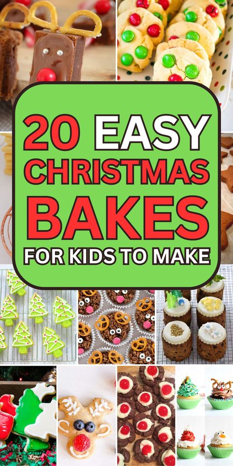 Easy Christmas bakes for kids to make text overlay over images of easy to make baked items for Christmas Christmas Food To Make With Kids, Christmas Desert Ideas For Kids, Christmas Baking Day With Kids, Kid Friendly Holiday Baking, Easy Holiday Recipes For Kids, Christmas Snacks Ideas For Kids, Christmas Baking Crafts For Kids, Toddler Christmas Recipes, Christmas Baking Activities For Kids