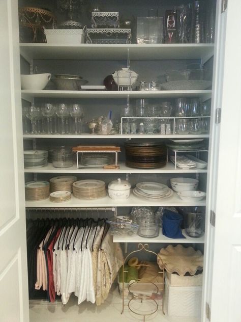 China closet Installed a basic rod from home depot and hung tablecloths on pants hangers. China Storage Closet, Table Cloth Storage, Hosting Closet, Entertaining Closet, Entertainment Closet, Tablecloth Storage, Party Closet, China Room, Dinnerware Storage