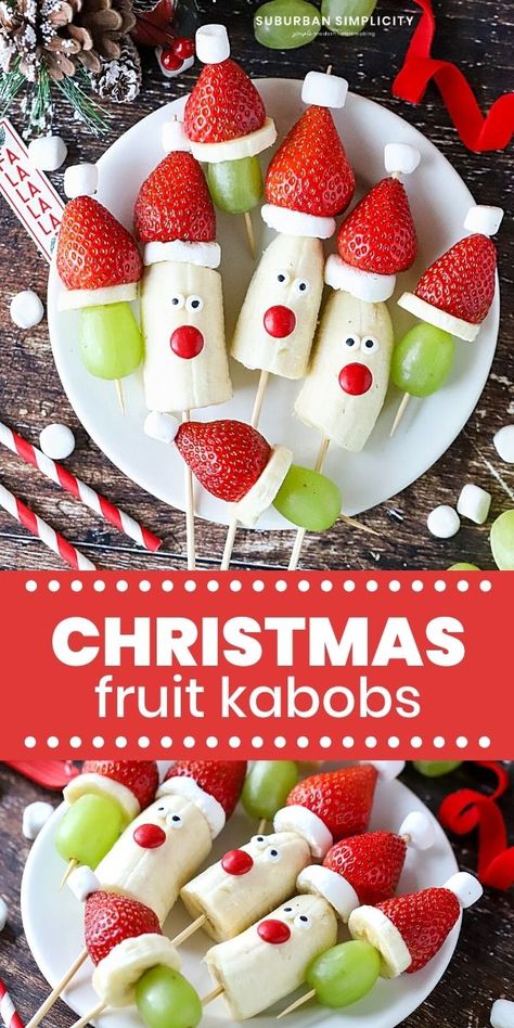 Easy and healthy Christmas fruit idea! Christmas Kabobs! These simple fruit Santas and strawberry Santa hats with grapes make a festive addition to any party, holiday celebration, gathering, or fun playdate! Kids love these! Class Party Food, Christmas Kabobs, Food Kids Love, Strawberry Santa Hats, Christmas Party Appetizers, Strawberry Santa, Easy Holiday Desserts, Christmas Recipes Appetizers, Decorações Com Comidas