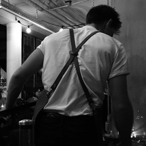 Apron Guy In Suspenders Aesthetic, Male Baker Aesthetic, Male Barista Aesthetic, Waiter Aesthetic Boy, Male Bartender Aesthetic, Guy In Apron, Male Chef Aesthetic, Bartender Aesthetic Male, Vitale Brothers