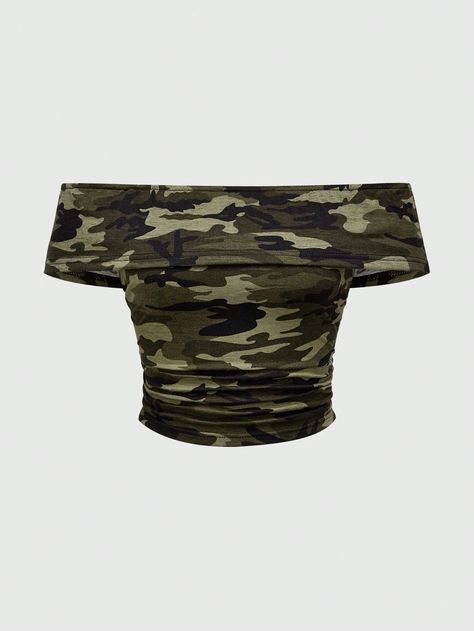 ROMWE Camouflage Printed One-Shoulder Pleated Summer Casual Vacation Women's T-ShirtI discovered amazing products on SHEIN.com, come check them out! Wag Dr, Camo Crop Top, Army Print, Camouflage Outfits, Camo Top, Fashion Moodboard, Lace Cami Top, Y2k Outfits, Crop Top Outfits