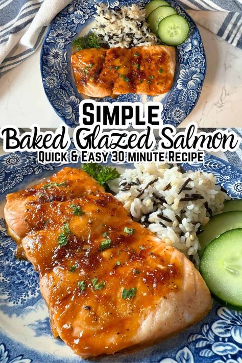 This quick and easy recipe makes the most delicious baked glazed salmon! It's healthy, tasty and so easy to make! A sweet and spicy glaze covers each filet and goes perfectly with the flavor of salmon! #glazedsalmon #easydinner Salmon Glaze Recipes Healthy, Baked Salmon Filets With Skin, Salmon Filet Recipes Baked, Bake Salmon Recipes, Salmon Fillet Recipes Baked, Salmon Filet Recipes, Easy Salmon Recipes Baked, Glazed Salmon Recipes, Oven Baked Salmon In Foil