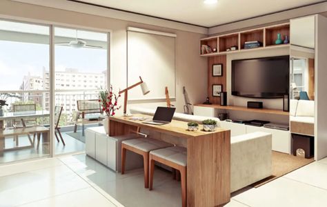 Office Living Room Combo, Living Room Office Combo, Japandi Living Room Design, Ruang Tv, Japandi Living Room, Living Room Divider, Japandi Living, Living Room Dining Room Combo, Small Home Offices