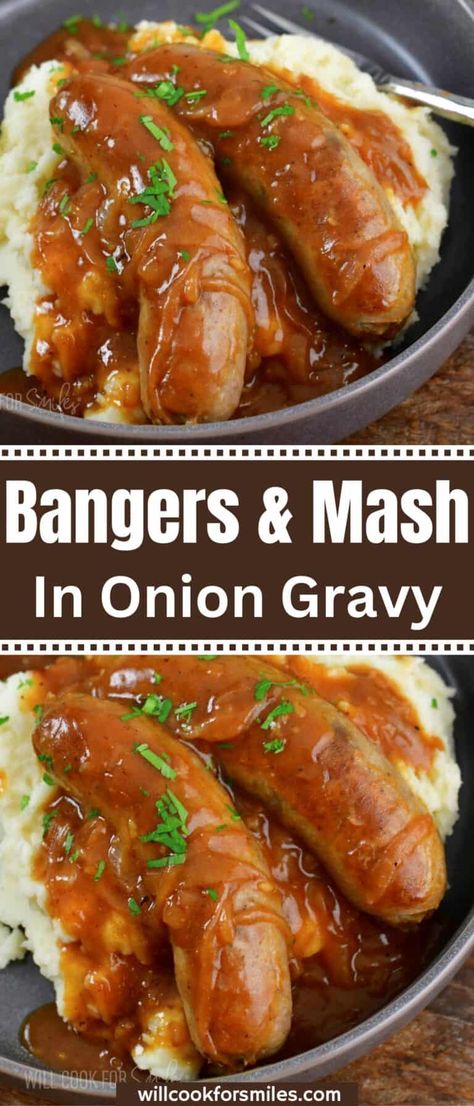 Sausage And Mash Recipe, Italian Sausage And Mashed Potatoes, Bangers And Mash Recipe, Baked Corned Beef, Brats Recipes, Irish Foods, Sausage And Mash, Bratwurst Recipes, Sausage Dinner