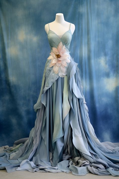 Water lily inspired gown Lily Fantasy Gown, Jelly Fish Wedding Dress, Fairycore Long Dress, A Garden Of Time Dress, Water Inspired Wedding Dress, Flower Gown Aesthetic, Secret Garden Dress Ideas, Garden Themed Dress, Water Themed Dresses