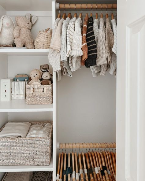 Ikea Nursery Closet Organization, Baby Ikea Closet, Nursery Closet Remodel, Nursery With Wardrobe, Baby Walk In Closet, Toddler Boy Closet Organization, Baby Boy Closet Ideas, Nursery Small Closet Organization, Nursery Clothes Storage