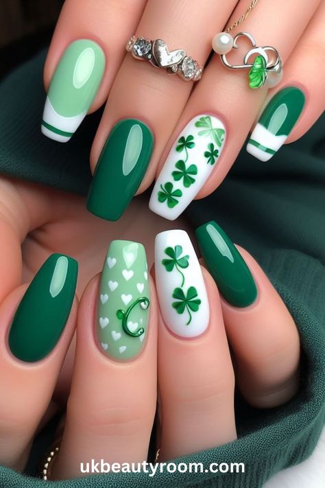 Painting your nails with a St Patrick’s Day theme is a creative way to show your love for the Irish culture and celebrate the holiday! You can use different techniques, tools, and nail stickers to create patterns, motifs, and effects that reflect the St Patrick’s Day traditions and spirit. This post lists 17 different ideas for St Patrick’s Day nails. 🍀 Scotland Nails, Irish Nail Designs, Green Nail Art Ideas, Patrick Nails, Irish Nails, Watermelon Nail Designs, Orchid Nails, Multicolored Nails, Minimal Nails Art