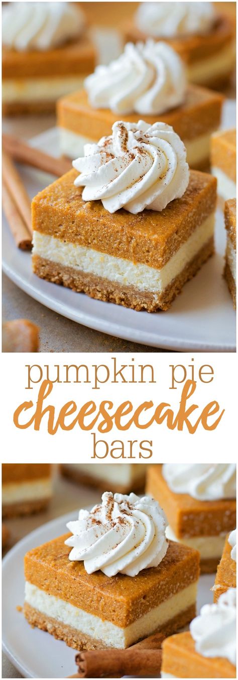 Pumpkin Pie Cheesecake Bars - layers of goodness with a graham cracker crust, cheesecake layer and pumpkin layer. This will be perfect for all fall festivities! Scratch Desserts, Pumpkin Pie Cheesecake Bars, Graham Cracker Crust Cheesecake, Gram Cracker, Yummy Pies, Cheesecake Layer, Biscuits Graham, Pumpkin Cheesecake Bars, Pumpkin Pie Cheesecake