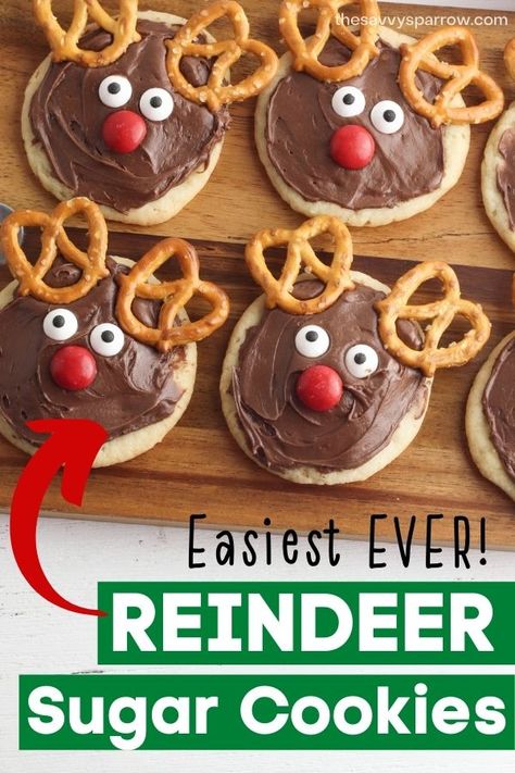 Reindeer Sugar Cookies, Rudolph Cookies, Easy Christmas Cookies, Christmas Cookies Kids, Christmas Cookie Party, Candy Eyes, Cute Christmas Cookies, Reindeer Cookies, Easy Christmas Treats