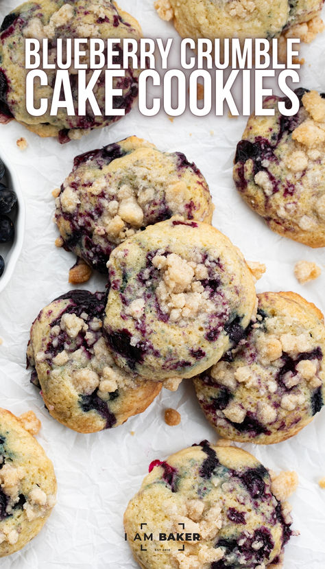 Blueberry Crumble Cake Cookies are soft, cake-like cookies with blueberry filling swirled inside and topped with a crumble topping. They are a delightful treat that combines the tenderness of a muffin or cake with the irresistible texture of a crumbly topping. Gf Crumble Cookies, Blueberry Pie Filling Cookies, Crumbl Blueberry Cookies, Mini Blueberry Cake, Easy Bake Deserts, Blueberry Muffins Cookies, Crumbl Cookie Blueberry Muffin, Cookies With Crumble Topping, Crumble Blueberry Muffin Cookies