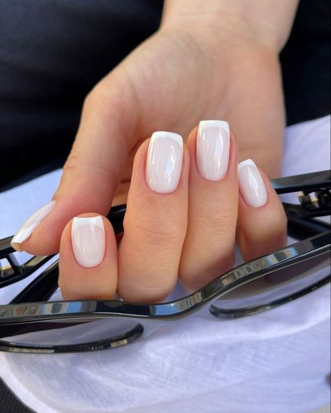 White Nails With White French Tip, Short Straight Nails, French White Nails, French Nails White, White French Nails, Gel Nails French, Engagement Nails, Milky Nails, Wow Nails