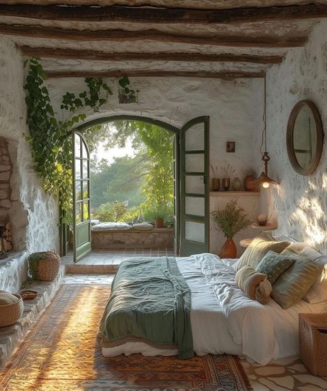 Italian Farmhouse Bedroom, Italian Bedroom Aesthetic, Mediterranean Minimalist Interior, Spanish Bedroom, Cozy Bedroom Ideas For Women, Tuscany House, Mediterranean Bedroom, French Doors Bedroom, Italian Bedroom