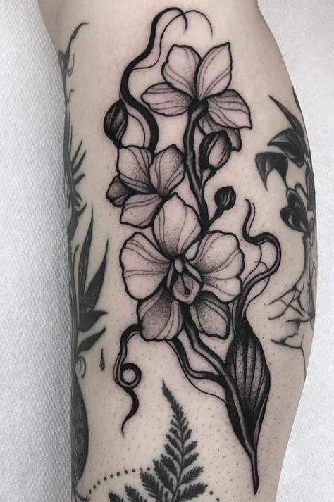 80+ Orchid Tattoos: Meanings, Tattoo Designs & Ideas Black Orchid Tattoo, Orchid Tattoo Meaning, Black And White Tattoo, Orchid Tattoo, Floral Tattoo Sleeve, Floral Tattoo Design, Botanical Tattoo, Tattoo Black, Top Tattoos