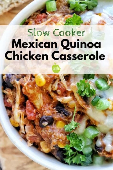 A Healthy Chicken Crockpot recipe with quinoa. Mexican flavors blend perfectly with the chicken, beans, and corn. A one-pot slow cooker dinner recipe. #crockpotmeals #slowcookerchicken #healthycrockpotrecipes Healthy Chicken Crockpot, Quinoa Mexican, Recipe With Quinoa, Chicken Crockpot Recipes Healthy, Crockpot Chicken Healthy, Slow Cooker Dinner Recipes, Mexican Quinoa, Chicken Quinoa, Chicken Crockpot