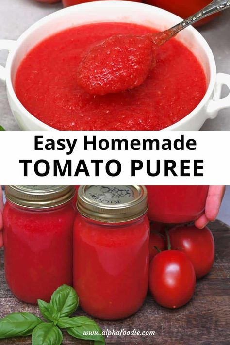 How to make tomato puree at home with fresh tomatoes with a simple step-by-step process, then refrigerate, freeze, or can it for later - perfect for adding to soups, stews, and sauces! Cheese Recipes Homemade, Freezing Tomatoes, Tomato Puree, Diy Pantry, Canning Tomatoes, Soups Stews, Pureed Food Recipes, Seasonal Recipes, Tomato Recipes