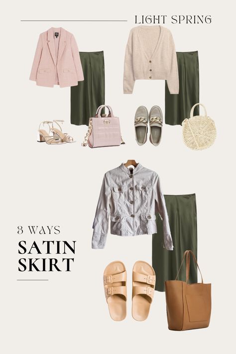 Light spring and warm spring color palette outfit ideas with khaki satin skirt. Color Palette Outfit Ideas, Color Palette Outfit, Warm Spring Color Palette, Spring Color Palette, Spring Color, Warm Spring, Light Spring, Satin Skirt, Spring Colors