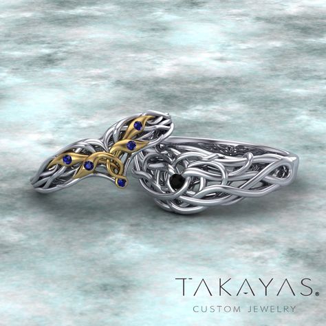 Lord of the Rings Celeborn & Galadriel Inspired Wedding Ring Set | Takayas Custom Jewelry Lord Of The Rings Wedding Band Men, Wedding Rings Lord Of The Rings, Celtic Wedding Rings Mens, Lord Of The Rings Style Wedding, Lord Of The Rings Wedding Band, Lotr Wedding Rings, Elvish Wedding Rings, Lord Of The Rings Wedding Ring, Galadriel's Ring