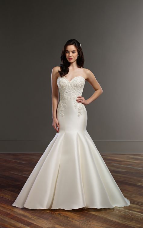 Turn heads in this dramatic wedding dress from Martina Liana! A structured trumpet style, this Lace on Silk Zibeline style features mixed Alençon lace with hand-embroidered lattice detailing throughout the sweetheart neckline, bodice, and down through the hips. Visible seaming helps create shape in the bodice before flaring out into a full skirt and dramatic train. All-over beading gives this style a subtle sparkle. Coordinating lattice-embroidered lace makes a bold statement on the edge of t... Wedding Dresses Trumpet, Off The Shoulder Wedding Dresses, Dramatic Wedding Dress, Martina Liana Wedding Dress, Wedding Dresses Mermaid Sweetheart, Martina Liana, Essense Of Australia, Dresses Fall, Trumpet Wedding Dress