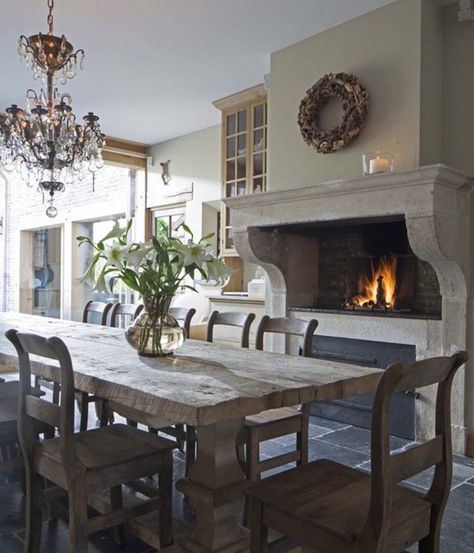 Kitchen Showcasing Cozy Fireplace-16-1 Kindesign Modern French Country Dining Room, French Country Dining Room Table, Country Living Room Design, Rooms Decoration, French Country Dining Room, French Country Living, Build A Fireplace, Country Dining Rooms, French Country Dining