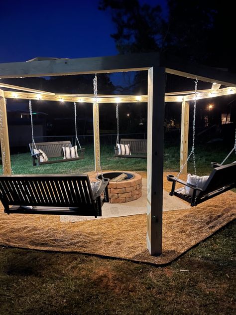 Backyard Firepit Area, Grandma House, Deck Landscaping, Gazebo With Fire Pit, Fun Backyard, Diy Gazebo, Fire Pit Swings, Fire Pit Ideas, Diy Backyard Patio