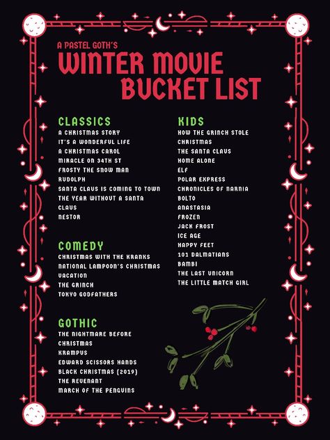 Natal, Goth Bucket List, Winter Movie Marathon, Movies For Winter, Christmas Movies Bucket List, Winter Movie Bucket List, Christmas Movie List 2023, Movies To Watch In January, Holiday Movie List