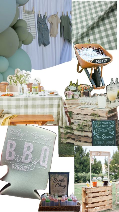 Green gingham, back yard BBQ style baby shower. Summer Picnic Baby Shower Ideas, Backyard Bbq Baby Shower Ideas, Bbq Baby Shower Ideas For Boys, Baby Shower Picnic Ideas, Southern Baby Shower Ideas, Baby Barbeque Shower Ideas, Bbq Themed Baby Shower Ideas, Summer Baby Shower Ideas For Boys Themes, Baby Shower Bbq Ideas