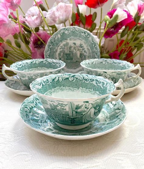 Has Variations, Signs of Aging and Use. Please See Photos! Price is for 1 Cup and 1 Saucer. Select Quantity in Menu Option/Shopping Cart! Pastel Teal Blue Extremely Rare Museum Heirloom Collectible Newcastle Thomas Fell & Co. 1850s Antique Off White Transferware Fajance Large Tea Cup and Saucer Set. Classic Greek Motive.  Fine Antique Condition, with expected signs of aging and use. Cup measures 6 cm tall and 12.5 cm in diameter. Saucer measures 16.5 cm in diameter. Listing is for Cup and Saucer Tea Party Activities, Blue Willow Dishes, Pastel Teal, Blue Willow China, Fancy Table, Antique Tea Cups, Antique Tea, Tee Set, Antique China