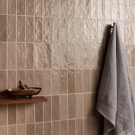 Portmore Taupe 3x8 Glazed Ceramic Bullnose | Tilebar.com Light Brown Shower Tile, Tan Bathroom Tile Ideas, Mauve Tile Bathroom, Brown Hexagon Tile Bathroom, Mid Century Shower Tile, Tan Subway Tile Bathroom, Cover Bathroom Wall Tile, Wood Backsplash Bathroom, Tan Countertops Bathroom