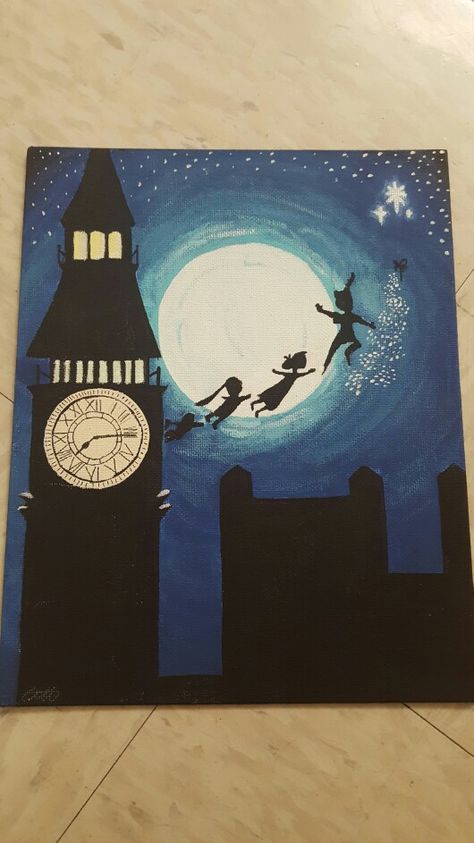 "Flight to Neverland" painting. 8x10 hard back canvas acrylic paint. For sale. Neverland Painting, Peter Pan Painting, Big Ben Clock, Paintings Ideas, Painted Vans, Nature Art Drawings, Sip N Paint, Canvas Drawings, Book Art Diy