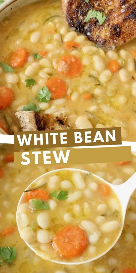 White Bean Stew - a hearty bowl of perfection to warm you to your toes during the cold months. Brimming with white beans, aromatic herbs, and vegetable stock, it’s a comfort dish that hits every spot. Serve with garlic bruschetta on the side for an added dash of deliciousness. Garlic Bruschetta, Healthy Detox Soup, White Bean Stew, Bean And Vegetable Soup, White Bean Recipes, White Bean Soup Recipes, Beans Vegetable, Bean Soup Recipes, Bean Stew