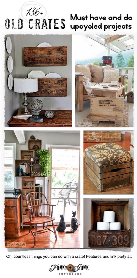 136+ Upcycled Old Crate Projects! Outstanding ideas on what you can do with a crate! via FunkyJunkInteriors.net Crate Projects, Lumber Storage, Old Crates, Crate Diy, Upcycled Projects, Funky Junk Interiors, Funky Junk, Wood Crates, Diy Farmhouse