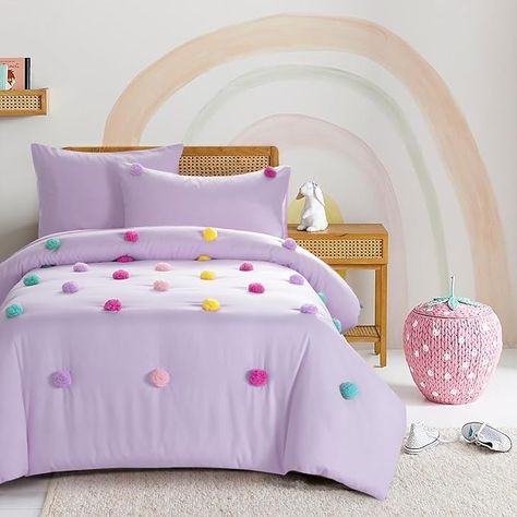 Amazon.com: HOMBYS Pom Poms Bedding Comforter Set for Girls, 5 Piece Purple Boho Kids Comforter Set for All Season，Twin/Twin XL Size : Home & Kitchen Pastel Unicorn Bedroom, Pink And Purple Bedroom Kids, Purple Toddler Room, Teal And Pink Bedroom, Pink And Purple Bedroom, Unique Kids Bedrooms, Colorful Kids Bedroom, Sisters Room, Rainbow Room Kids